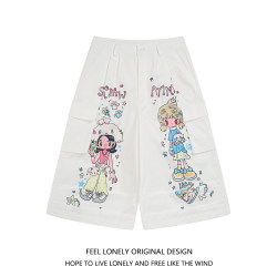 Cartoon girl printed high waist casual cropped pants Cartoon girl printed high waist casual cropped pants
