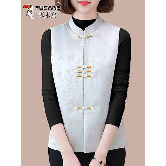 Woodpecker Chinese style buttoned vest for women 2025 new spring and autumn new Chinese jacket mother vest horse clip Woodpecker Chinese style buttoned vest for women 2025 new spring and autumn new Chinese jacket mother vest horse clip