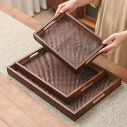 Thai-Style Retro Rattan Rectangular Bamboo Handle Tray for Home Use to Hold Tea Cups, Bamboo Woven Tea Tray Thai-Style Retro Rattan Rectangular Bamboo Handle Tray for Home Use to Hold Tea Cups, Bamboo Woven Tea Tray