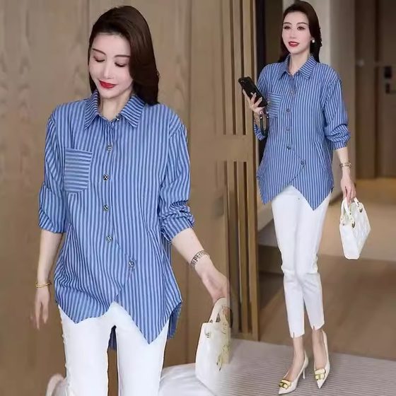 Fashionable long-sleeved shirt for women 2025 spring new vertical striped irregular top mid-length slimming and flesh-covering shirt
Fashionable long-sleeved shirt for women 2025 spring new vertical striped irregular top mid-length slimming and flesh-covering shirt