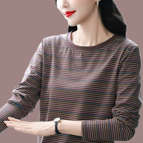 Spring loose cotton autumn clothes, long-sleeved base shirt, women's T-shirt, spring and autumn striped shoulder top, mother's shirt
Spring loose cotton autumn clothes, long-sleeved base shirt, women's T-shirt, spring and autumn striped shoulder top, mother's shirt