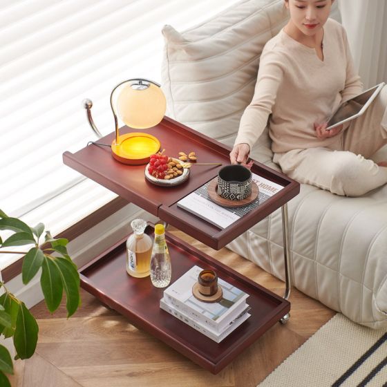 Medium style coffee table three-stage adjustable solid wood table board stainless steel bracket with roller movable side cart
Medium style coffee table three-stage adjustable solid wood table board stainless steel bracket with roller movable side cart