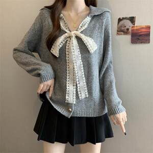 Recommended bow tie V-neck knitted cardigan for women autumn and winter 2025 new large size fat mm loose age-reducing sweater 
Recommended bow tie V-neck knitted cardigan for women autumn and winter 2025 new large size fat mm loose age-reducing sweater