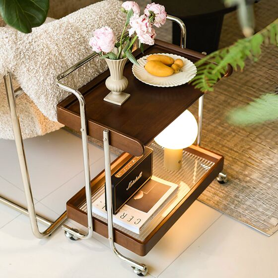 Retro medium-sized small cart mobile solid wood tea side several living room sofa dining side cabinet not R stainless steel storage rack walnut harvest Retro medium-sized small cart mobile solid wood tea side several living room sofa dining side cabinet not R stainless steel storage rack walnut harvest