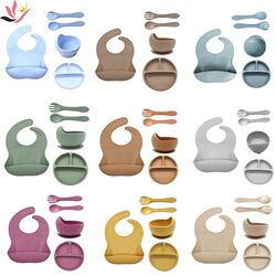 Five-piece feeding tableware set, baby silicone bib drool pocket, children's food supplement bowl set, divided plate, anti-fall Five-piece feeding tableware set, baby silicone bib drool pocket, children's food supplement bowl set, divided plate, anti-fall