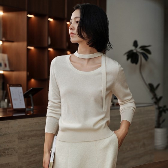 Conseni 100% pure cashmere sweater for women's sweater neck ribbon buckle sweater 2025 autumn and winter new style Conseni 100% pure cashmere sweater for women's sweater neck ribbon buckle sweater 2025 autumn and winter new style