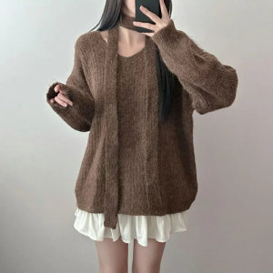 Korean chic autumn and winter V-neck halter neck ribbon loose lazy style blended yarn thick mid-length belted sweater 
Korean chic autumn and winter V-neck halter neck ribbon loose lazy style blended yarn thick mid-length belted sweater