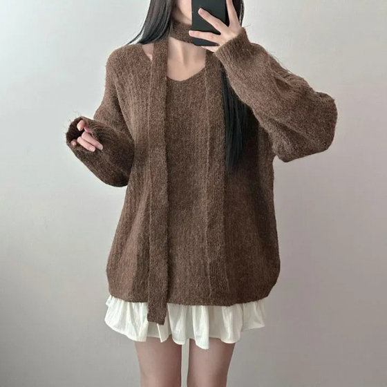 Korean chic autumn and winter V-neck halter neck ribbon loose lazy style blended yarn thick mid-length belted sweater 
Korean chic autumn and winter V-neck halter neck ribbon loose lazy style blended yarn thick mid-length belted sweater