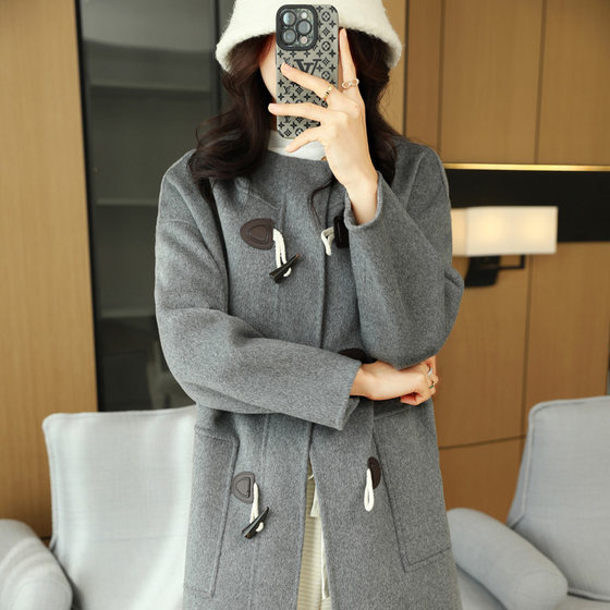 New Chinese round neck horn button wool coat for women's mid-length loose temperament versatile hooded high-end woolen jacket New Chinese round neck horn button wool coat for women's mid-length loose temperament versatile hooded high-end woolen jacket