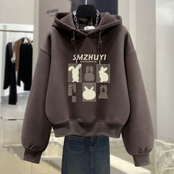 Women's velvet loose short hooded sweatshirt with cartoon letters Women's velvet loose short hooded sweatshirt with cartoon letters