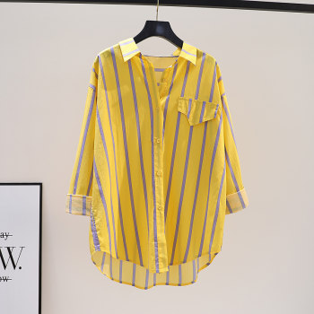 Long-sleeved striped shirt blue literary style Kuansong
 Long-sleeved striped shirt blue literary style Kuansong