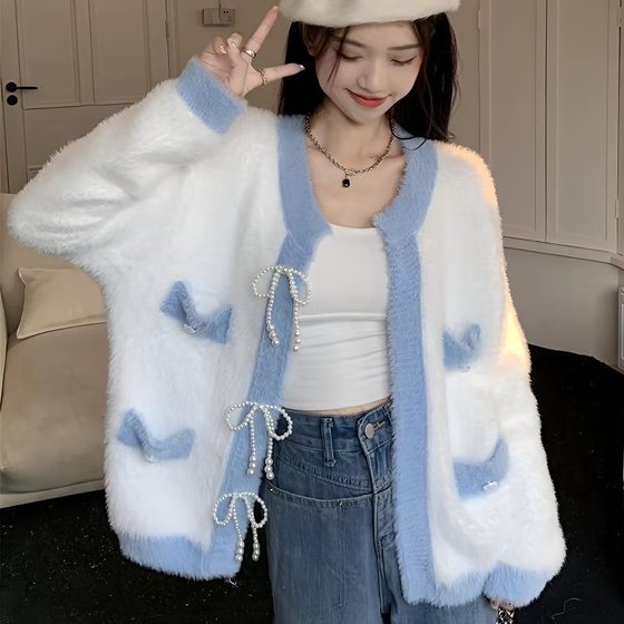 Small fragrance jacket for autumn new style mink velvet outerwear cardigan autumn and winter round neck gentle style short top Small fragrance jacket for autumn new style mink velvet outerwear cardigan autumn and winter round neck gentle style short top