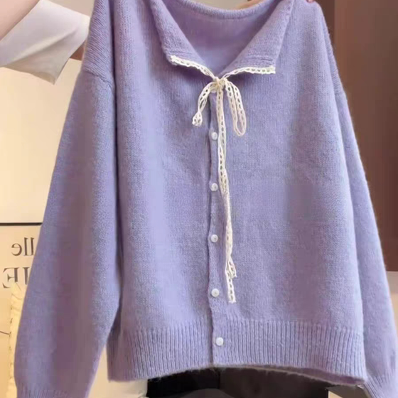 Purple Korean style soft and glutinous knitted cardigan single-breasted versatile lace strap sweater for women 2025 autumn new style 
Purple Korean style soft and glutinous knitted cardigan single-breasted versatile lace strap sweater for women 2025 autumn new style