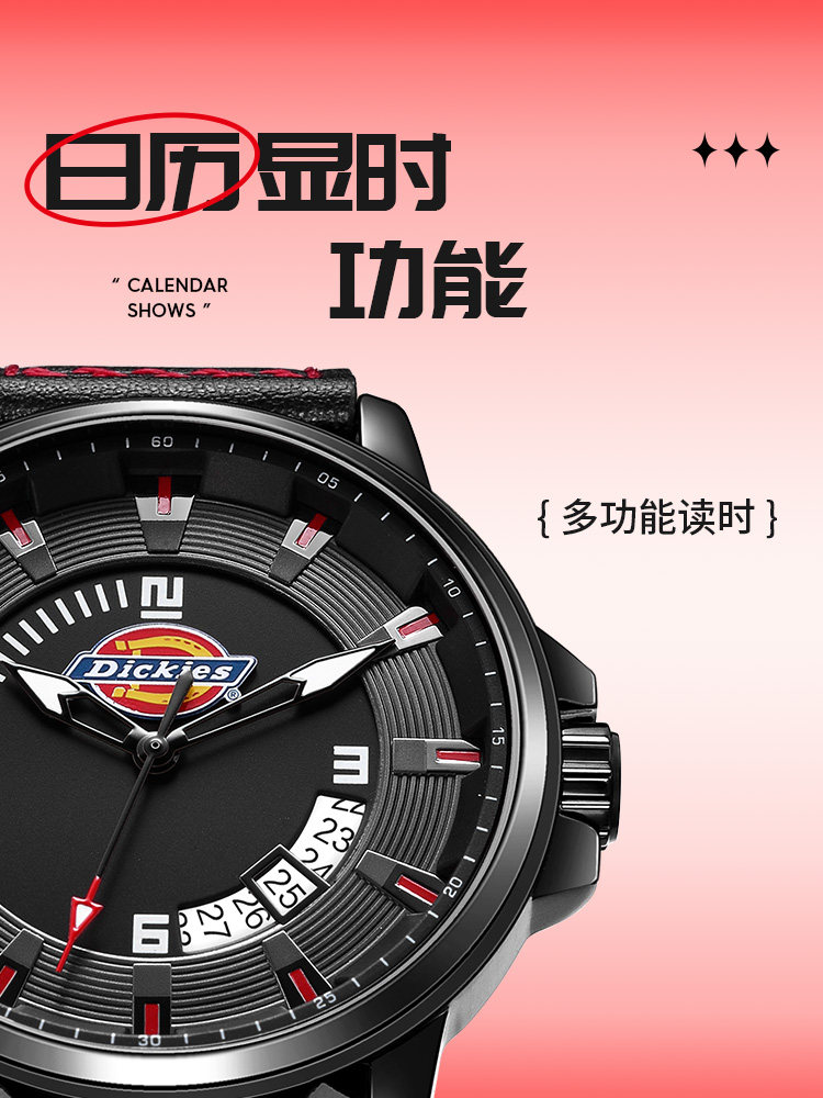 Dickies Men's Quartz Watch Leather Strap, Waterproof