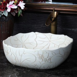 Chinese-Style Lotus Pedestal Basin Jingdezhen Vintage Art Washbasin Bathroom Household Square Ceramic Washbasin Chinese-Style Lotus Pedestal Basin Jingdezhen Vintage Art Washbasin Bathroom Household Square Ceramic Washbasin