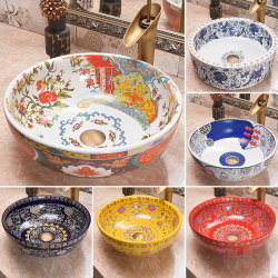 Single Ceramic Art Washbasin, European-Style Retro Countertop Basin, Round Washbasin, Jingdezhen Household Use Single Ceramic Art Washbasin, European-Style Retro Countertop Basin, Round Washbasin, Jingdezhen Household Use