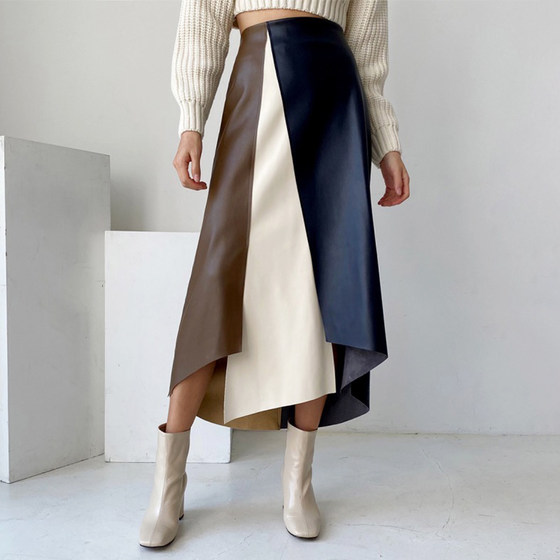 Korean chic autumn niche design sense high waist contrast color splicing casual loose irregular skirt leather skirt women
Korean chic autumn niche design sense high waist contrast color splicing casual loose irregular skirt leather skirt women
