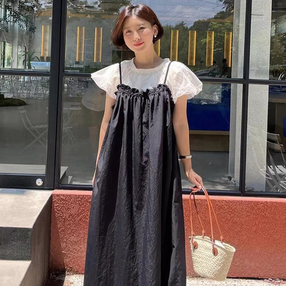 Korean chic summer versatile pleated short sleeved shirt+loose casual camisole dress set for women Korean chic summer versatile pleated short sleeved shirt+loose casual camisole dress set for women