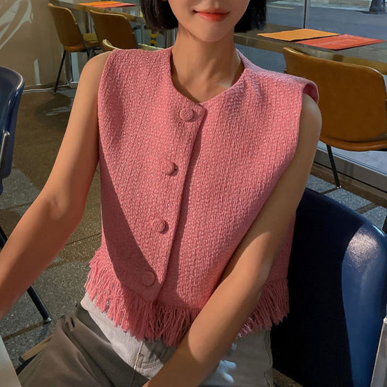 Korean chic spring and summer French small fragrance style round neck spliced tassel rough edge design loose tweed vest vest Korean chic spring and summer French small fragrance style round neck spliced tassel rough edge design loose tweed vest vest
