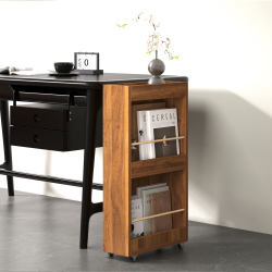Mobile Wheeled Bookshelf, Floor-Standing Narrow Bookcase, Walnut Color, Living Room Sofa Gap Storage, Small Side Table, Bedside Table Mobile Wheeled Bookshelf, Floor-Standing Narrow Bookcase, Walnut Color, Living Room Sofa Gap Storage, Small Side Table, Bedside Table