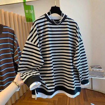 Women's loose top for black and white striped fake two-piece cotton sweatshirt 
Women's loose top for black and white striped fake two-piece cotton sweatshirt