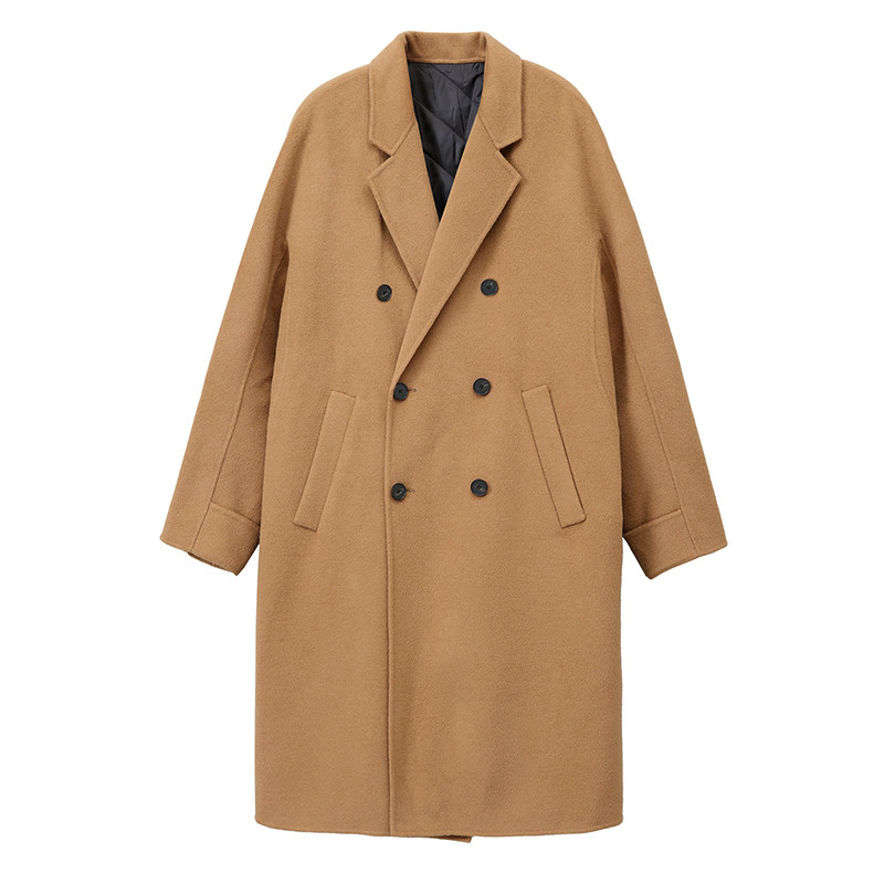 Sanheer Men's Wool Coat Double Breasted Camel Mid-Length