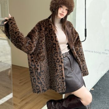 New winter imitation mink fur leopard print mid-length jacket for women loose environmentally friendly fur fur integrated coat New winter imitation mink fur leopard print mid-length jacket for women loose environmentally friendly fur fur integrated coat