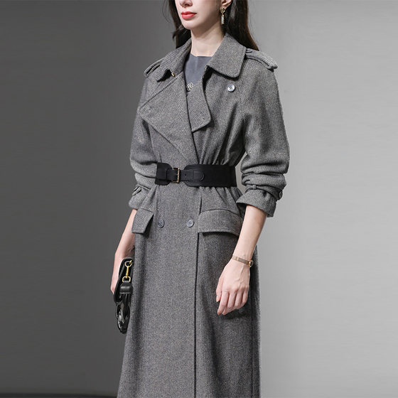 2025 autumn and winter fashion handsome workplace waist-hugging and slimming Gray long woolen coat for women 2025 autumn and winter fashion handsome workplace waist-hugging and slimming Gray long woolen coat for women
