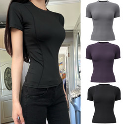 Black Sports Yoga Short-Sleeved Women's Summer Breathable Quick-Drying Top Fitness Running Pilates Right Shoulder Slim T-Shirt Black Sports Yoga Short-Sleeved Women's Summer Breathable Quick-Drying Top Fitness Running Pilates Right Shoulder Slim T-Shirt