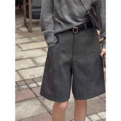 2025 Autumn and Winter New Dark Gray Woolen Medium Pants Women's High Waist Slim Fashion Commuting Design Wide Leg Shorts 2025 Autumn and Winter New Dark Gray Woolen Medium Pants Women's High Waist Slim Fashion Commuting Design Wide Leg Shorts