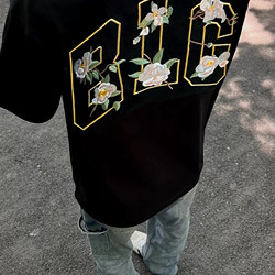 Pure Cotton Heavy Embroidery~Camellia Language T-Shirt Short-Sleeved Men's Summer Couple Outfit Trendy Brand American Retro European and American Style Pure Cotton Heavy Embroidery~Camellia Language T-Shirt Short-Sleeved Men's Summer Couple Outfit Trendy Brand American Retro European and American Style