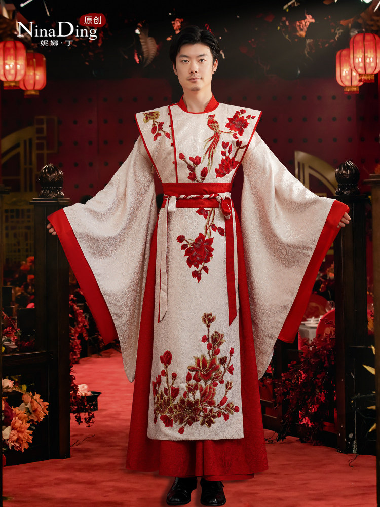 Nina Ding Men's Hanfu Wedding Dress - Floral Satin Tang Suit Nina Ding Men's Hanfu Wedding Dress - Floral Satin Tang Suit
