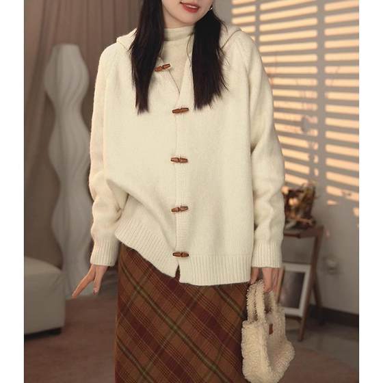 Autumn and winter solid color short sweater sweater cardigan loose slim and lazy style hooded horn button jacket women's top Autumn and winter solid color short sweater sweater cardigan loose slim and lazy style hooded horn button jacket women's top