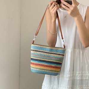 Straw bag women's 2025 new super hot beach bucket bag rainbow striped dopamine versatile shoulder crossbody bag 
Straw bag women's 2025 new super hot beach bucket bag rainbow striped dopamine versatile shoulder crossbody bag