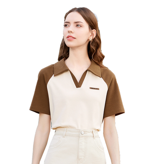 betu Baitu women's 2024 autumn outfit new retro contrasting color casual Polo neck short sleeve short T-shirt top betu Baitu women's 2024 autumn outfit new retro contrasting color casual Polo neck short sleeve short T-shirt top
