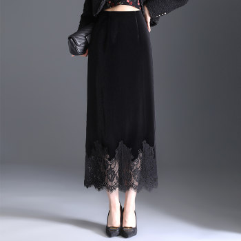 Lace stitching velvet straight skirt split bag hip long skirt
 Lace stitching velvet straight skirt split bag hip long skirt