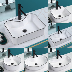 Countertop Washbasin for Home Use, Single Basin, Ceramic with Black Edges, with Faucet Hole, Washbasin for Bathroom or Balcony Countertop Washbasin for Home Use, Single Basin, Ceramic with Black Edges, with Faucet Hole, Washbasin for Bathroom or Balcony