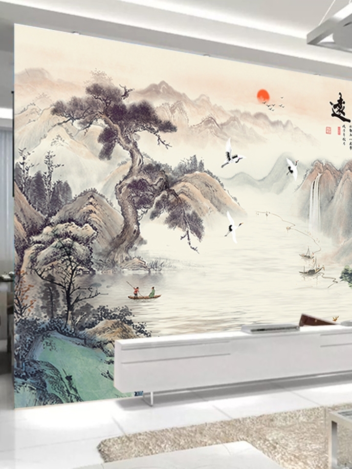 海纳百川电视背景墙自粘墙贴山水图墙纸画 海纳百川电视背景墙自粘墙贴山水图墙纸画