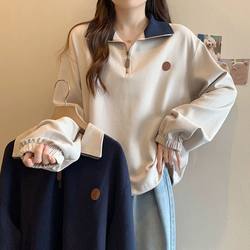 Plus Size 150kg Simple Polo Collar Sweatshirt for Women, Autumn, Loose Fit, Color-Blocking, Half-Zip, Versatile, Slimming Top Plus Size 150kg Simple Polo Collar Sweatshirt for Women, Autumn, Loose Fit, Color-Blocking, Half-Zip, Versatile, Slimming Top