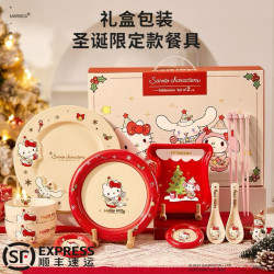 Sanrio Hello Kitty Christmas and New Year Tableware Set Household Ceramic Bowls, Plates, Chopsticks Set Birthday Gift Sanrio Hello Kitty Christmas and New Year Tableware Set Household Ceramic Bowls, Plates, Chopsticks Set Birthday Gift