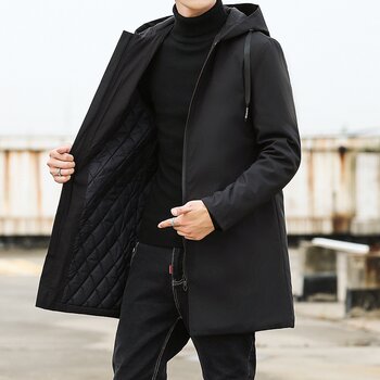Men's winter thickened mid-length hooded jacket fat man large size solid color warm fashionable trench coat 
Men's winter thickened mid-length hooded jacket fat man large size solid color warm fashionable trench coat