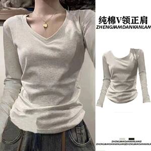 American V-neck pure cotton shoulder long-sleeved T-shirt for women in spring, autumn and winter new design versatile slim fit base top 
American V-neck pure cotton shoulder long-sleeved T-shirt for women in spring, autumn and winter new design versatile slim fit base top