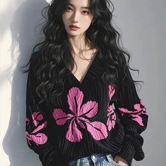 Shopping mall cabinet withdrawal retro unique super beautiful shirt black v-neck lazy style printed loose top for women Shopping mall cabinet withdrawal retro unique super beautiful shirt black v-neck lazy style printed loose top for women