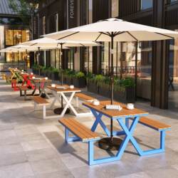 Outdoor plastic wood table and chair combination Internet celebrity milk tea shop cafe leisure table and chair outdoor courtyard garden one-piece meal Outdoor plastic wood table and chair combination Internet celebrity milk tea shop cafe leisure table and chair outdoor courtyard garden one-piece meal
