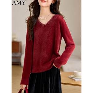 2025 winter new style soft and glutinous temperament V-neck furry base sweater loose top for women 
2025 winter new style soft and glutinous temperament V-neck furry base sweater loose top for women