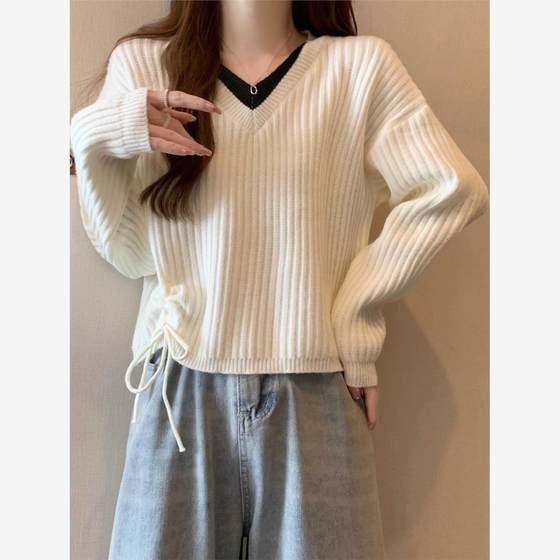 Fake two-piece V-neck drawstring sweater women's bottoming shirt 2025 new autumn and winter fashion versatile loose short top 
Fake two-piece V-neck drawstring sweater women's bottoming shirt 2025 new autumn and winter fashion versatile loose short top