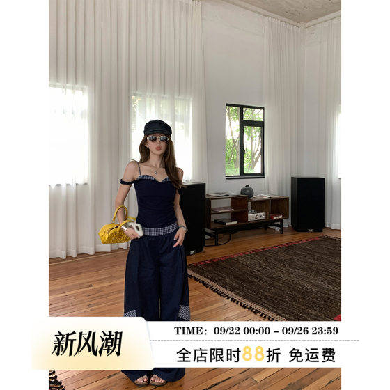 MLS sweet and cool, sweet and spicy checked spliced suspender wide-leg pants for women in summer design niche two-piece set MLS sweet and cool, sweet and spicy checked spliced suspender wide-leg pants for women in summer design niche two-piece set