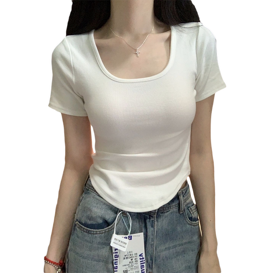 Pure and sweet and spicy U-neck short-sleeved T-shirt women's 2025 new inner shirt slim short top waist design Pure and sweet and spicy U-neck short-sleeved T-shirt women's 2025 new inner shirt slim short top waist design