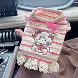 Pet cat and dog clothes spring, summer and autumn striped kitten cartoon embroidery lace bow princess dress milk dog body Pet cat and dog clothes spring, summer and autumn striped kitten cartoon embroidery lace bow princess dress milk dog body