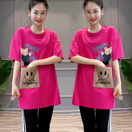 2025 summer new large version loose slim casual age-reducing bear print large pocket short-sleeved T-shirt women's top 2025 summer new large version loose slim casual age-reducing bear print large pocket short-sleeved T-shirt women's top
